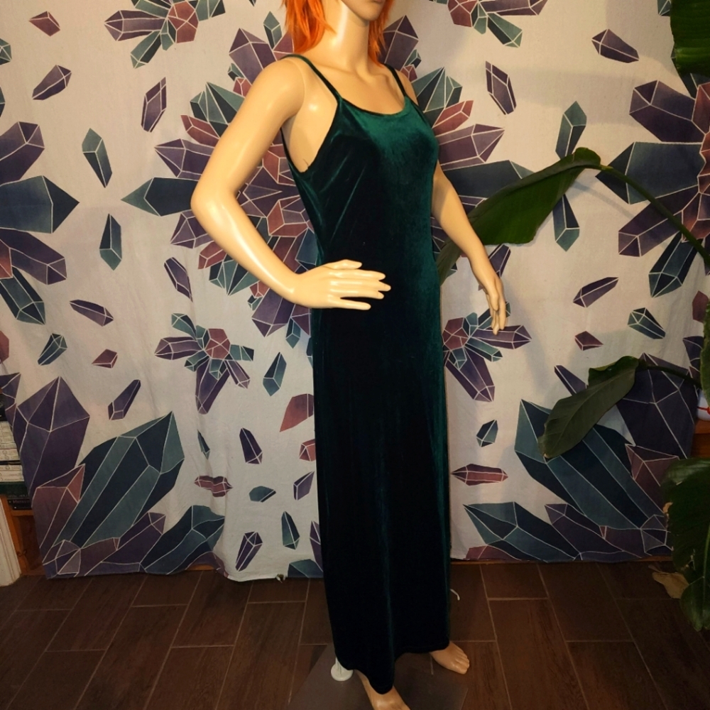 Patri Vintage Medium Forest Green Velvet Maxi Party Dress 90s